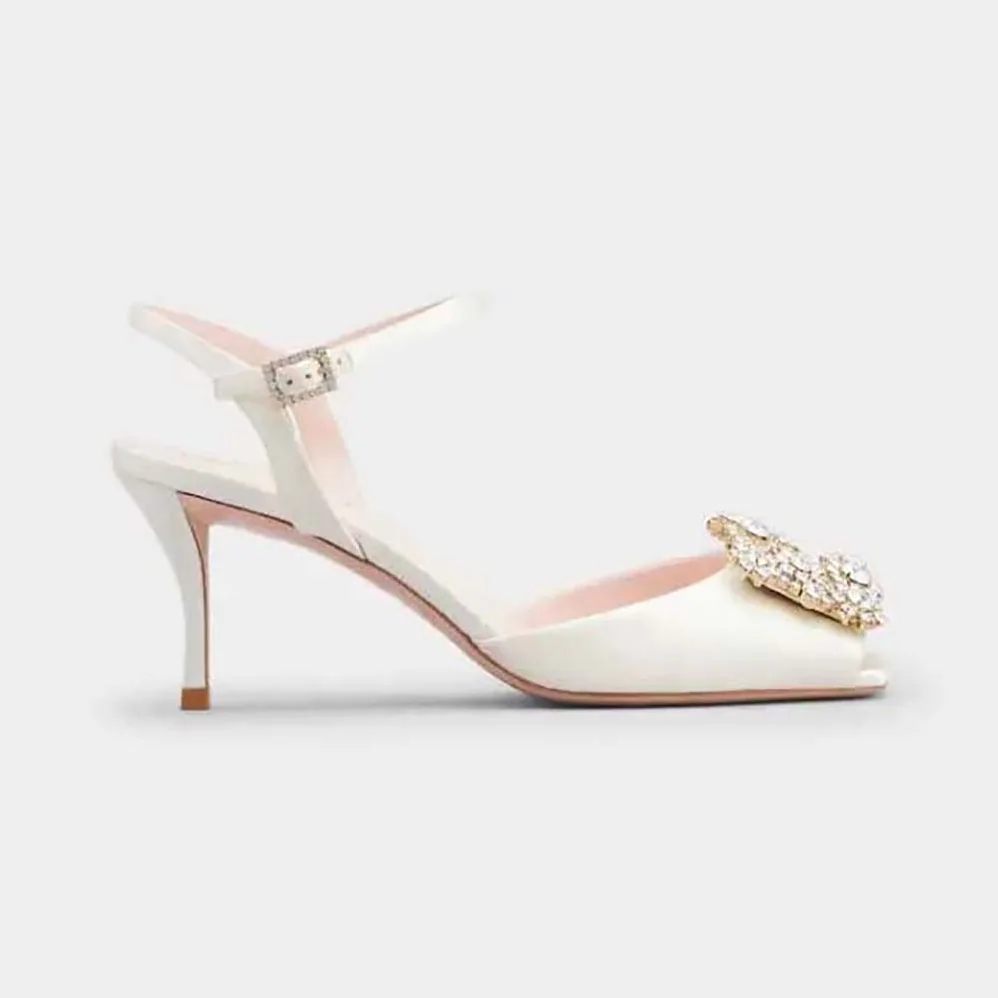 Roger Vivier Flower Strass Buckle Sandals in Satin for Women in White Roger Vivier Flower Strass Buckle Sandals in Satin for Women in White