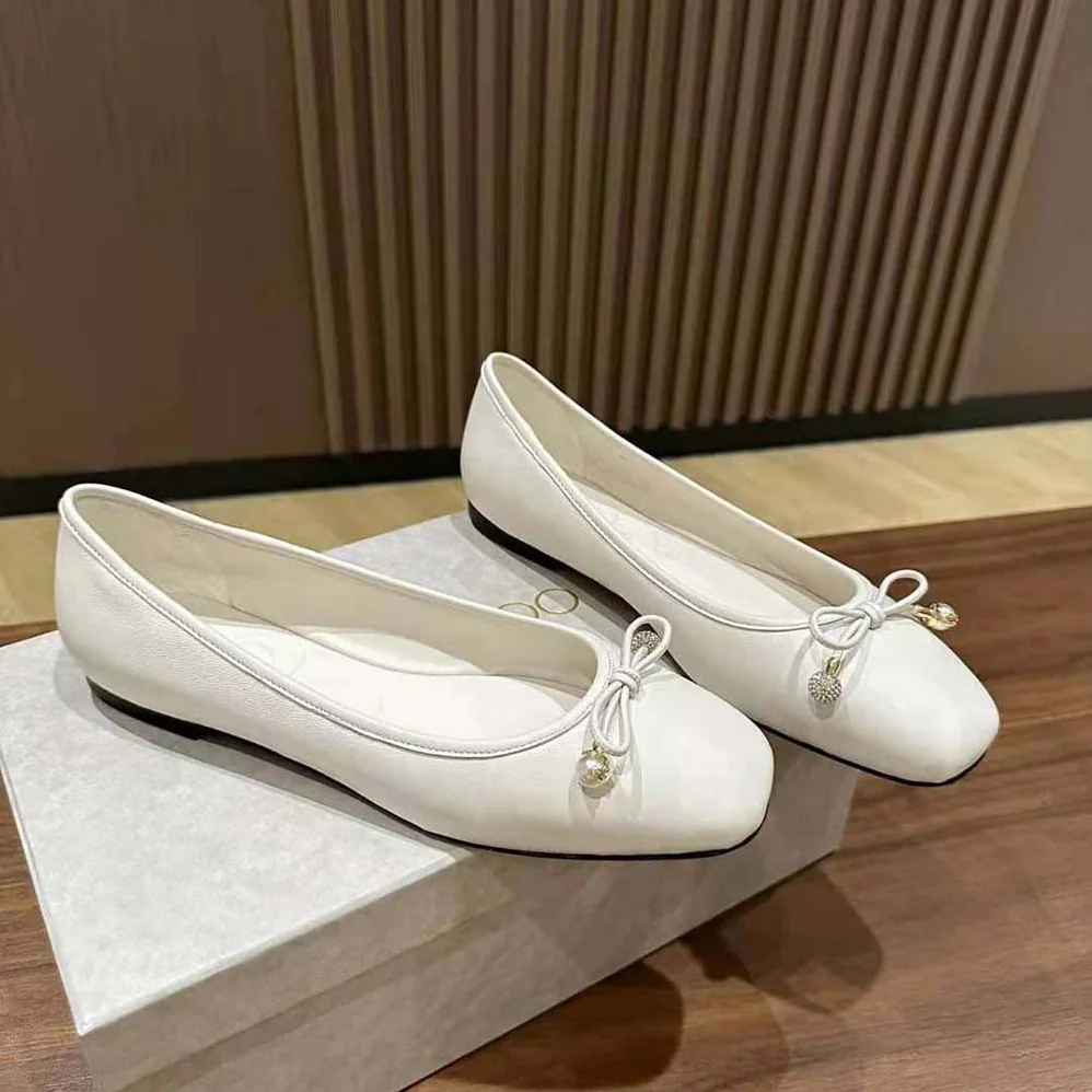 Jimmy Choo Elme Flat Latte Nappa Leather Flats with Pearl Embellishment for Women Jimmy Choo Elme Flat Latte Nappa Leather Flats with Pearl Embellishment for Women