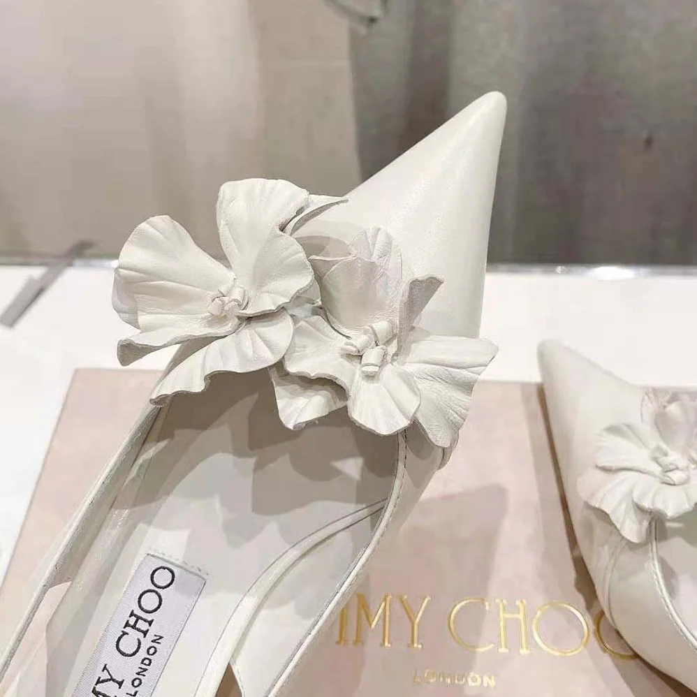 Jimmy Choo Amita Flowers 45 Latte Nappa Leather Sling Back Pumps with Flowers for Women