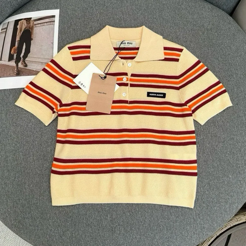 Miu Miu Cotton Striped Knit Polo Shirt for Women Miu Miu Cotton Striped Knit Polo Shirt for Women