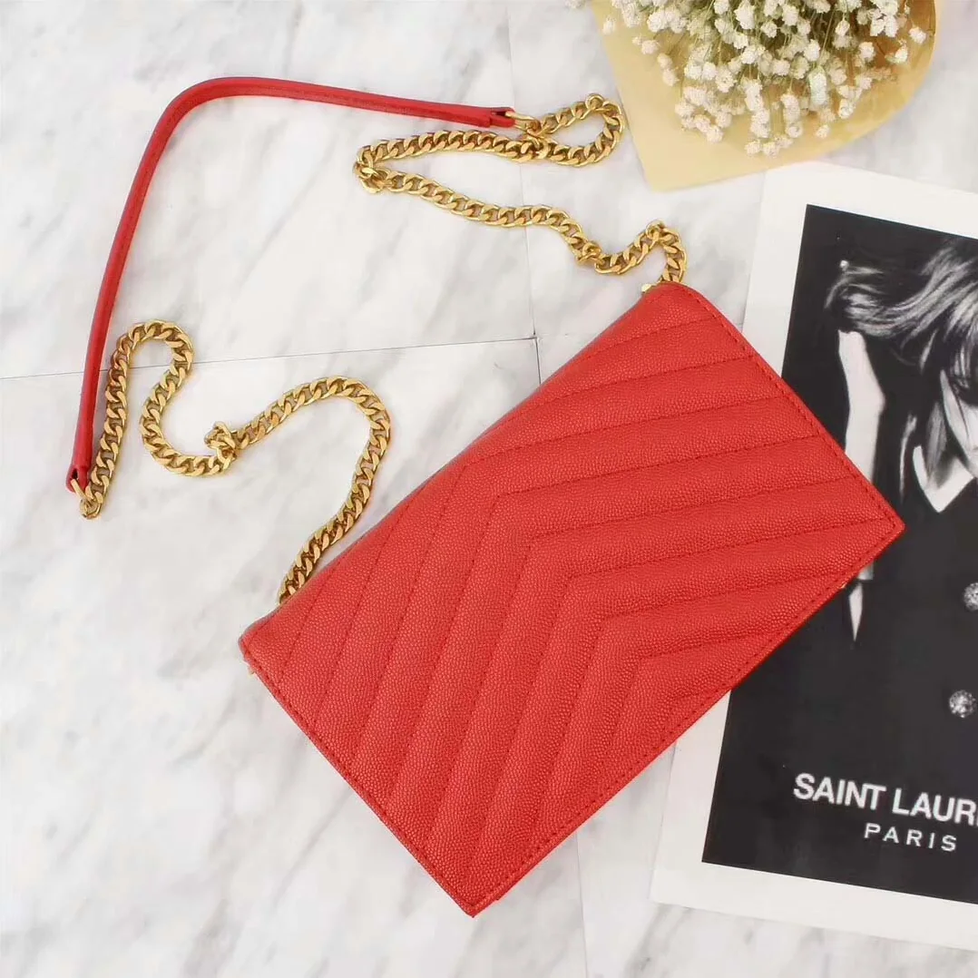 Saint Laurent YSL Medium Monogram Envelope Chain Wallet Gold Hardware in Red