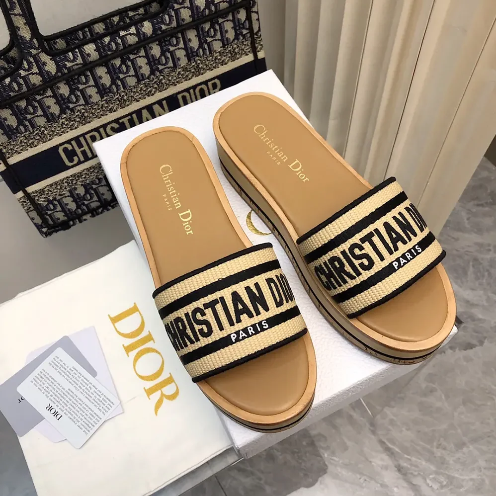 Dior Dway Platform Slide Natural Raffia and Black Embroidered Cotton for Women
