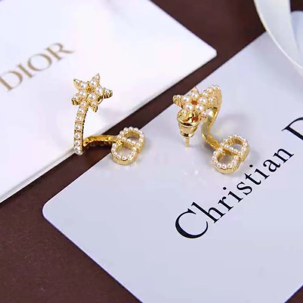 Dior Clair D Lune Earrings Gold-Finish Metal and White Resin Pearls for Women