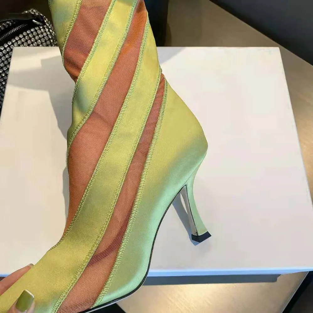 Jimmy Choo Mugler Sock Ankle Boot Neon Yellow and Nude Sheer Spiral Stretch Fabric for Women Jimmy Choo Mugler Sock Ankle Boot Neon Yellow and Nude Sheer Spiral Stretch Fabric for Women
