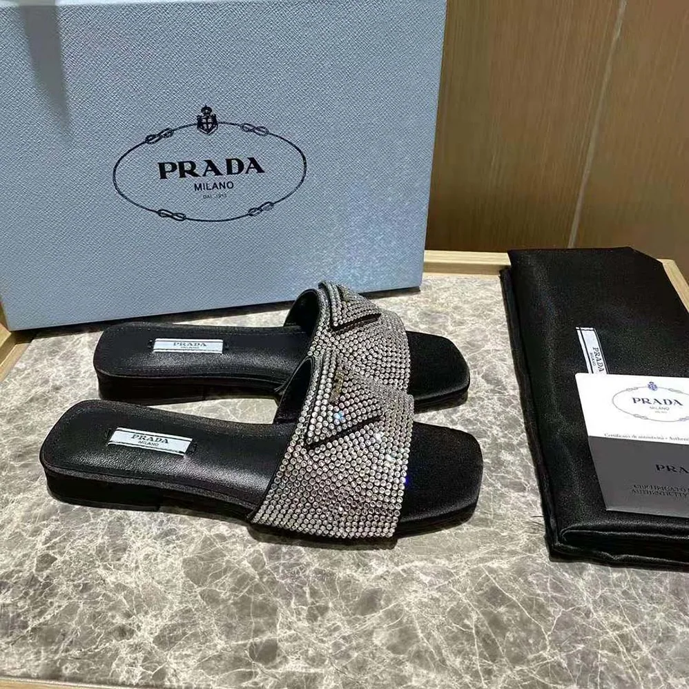 Prada Satin Slides with Crystals for Women in Black Prada Satin Slides with Crystals for Women in Black