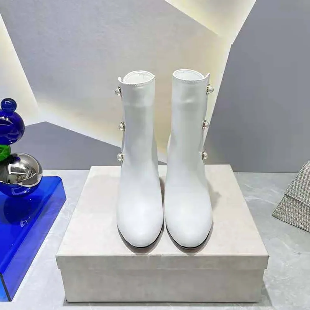 Jimmy Choo Rina 85 Latte Nappa Leather Mid for Women in Calf Boots with Pearls Jimmy Choo Rina 85 Latte Nappa Leather Mid for Women in Calf Boots with Pearls