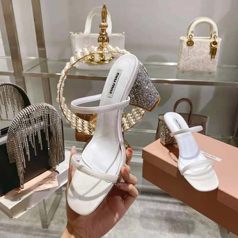 Miu Miu Satin and Glitter Slides in 85 mm Heel Height for Women in White Miu Miu Satin and Glitter Slides in 85 mm Heel Height for Women in White