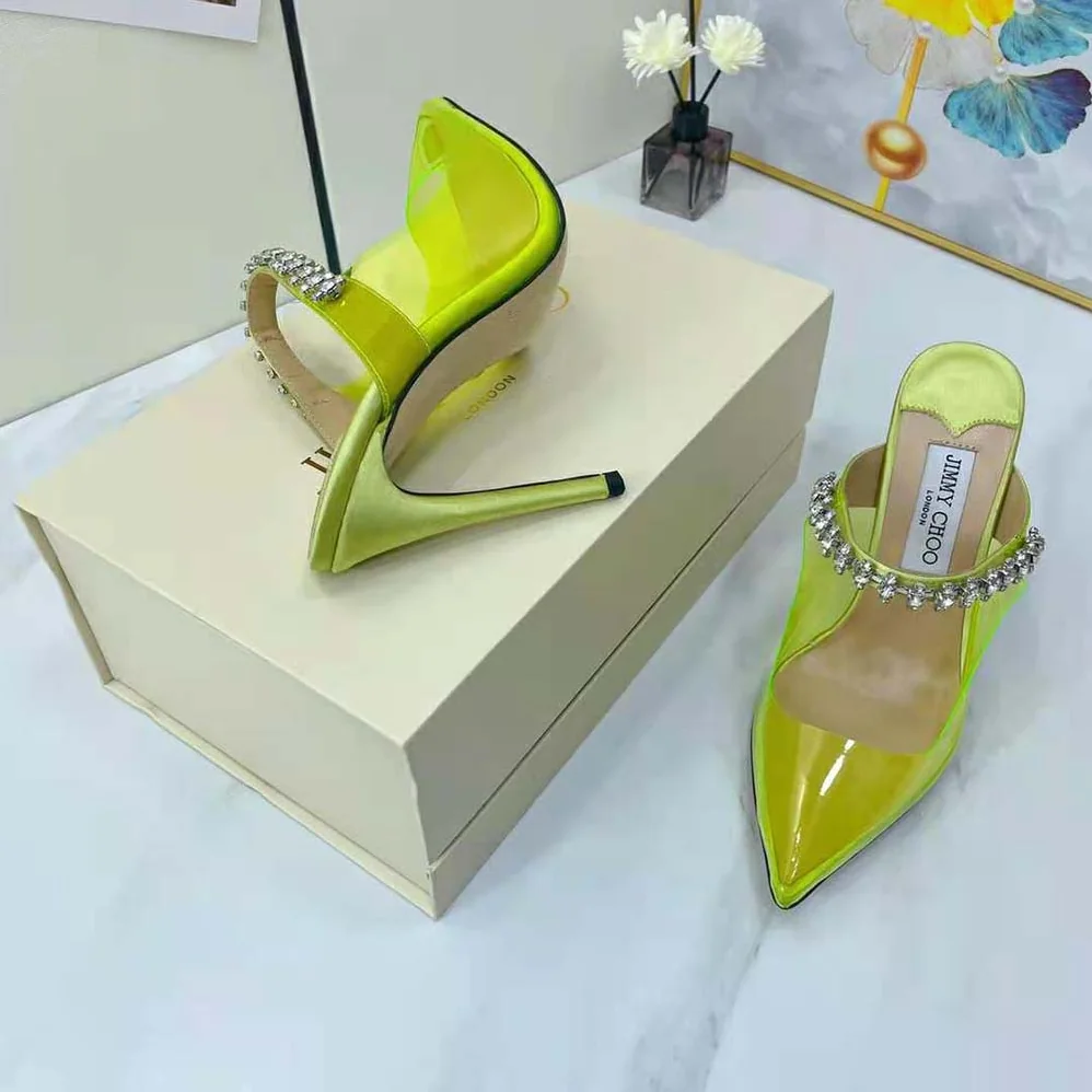 Jimmy Choo Bing 100 Neon Yellow Plexi Mules with Yellow Crystal Strap for Women Jimmy Choo Bing 100 Neon Yellow Plexi Mules with Yellow Crystal Strap for Women