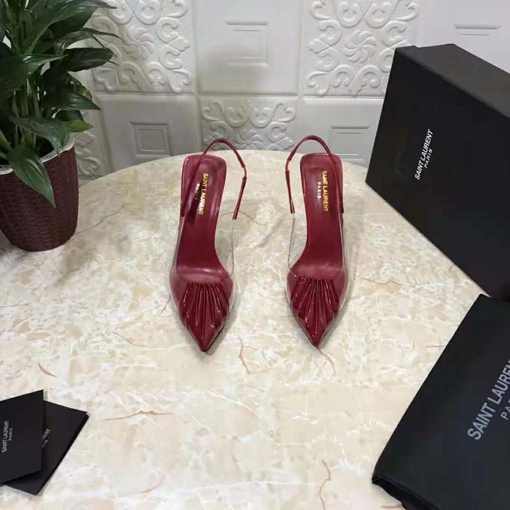 Saint Laurent YSL Chica Slingback Pumps in Tpu and Patent Leather for Women in Maroon
