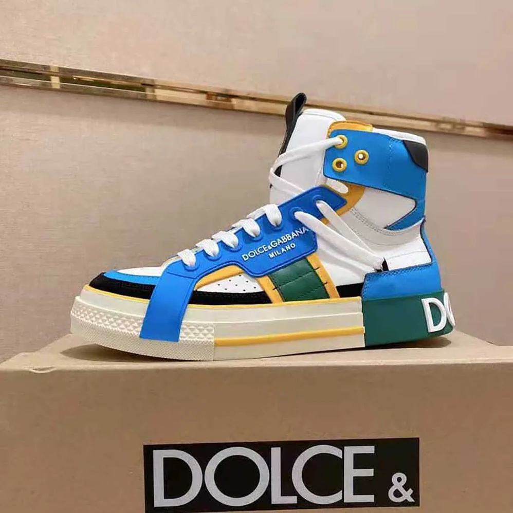 Dolce Gabbana D&G Calfskin Custom 2.Zero High-Top Sneakers with Contrasting Details for Men in Blue