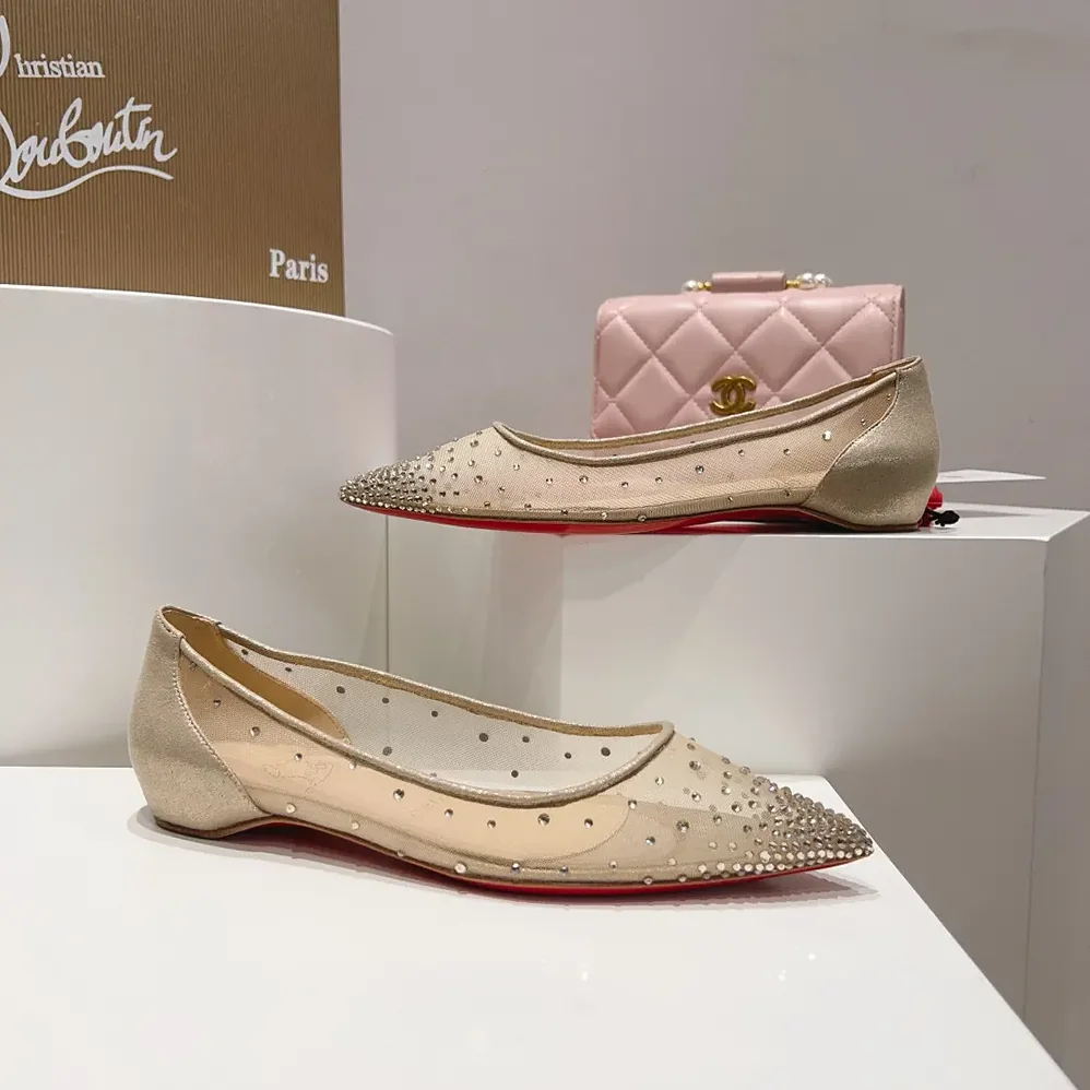Christian Louboutin Follies Strass Ballerinas Mesh and Suede for Women in Beige Christian Louboutin Follies Strass Ballerinas Mesh and Suede for Women in Beige