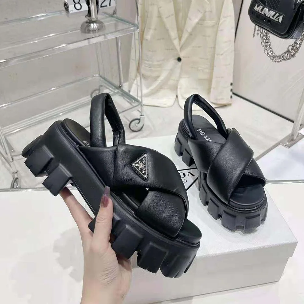 Prada Monolith Padded Nappa Leather Sandals for Women in Black