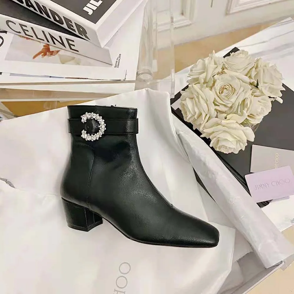 Jimmy Choo Myan 45 Black Smooth Leather Ankle Boots with Crystal Buckle for Women