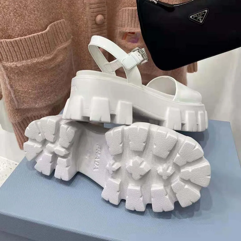 Prada Monolith Brushed Leather Sandals in 55mm Heel for Women in White