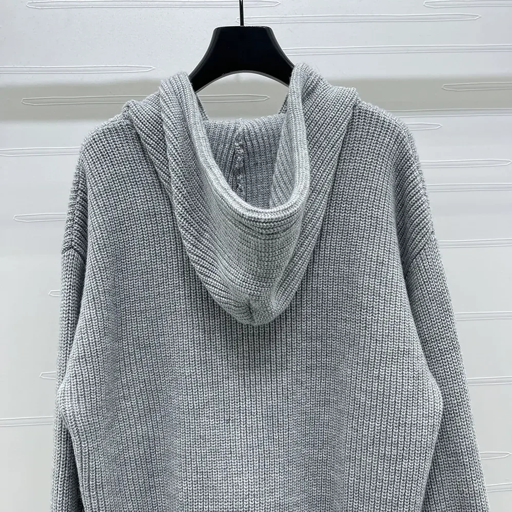 Celine Hooded Cardigan In Ribbed Wool for Women in Grey