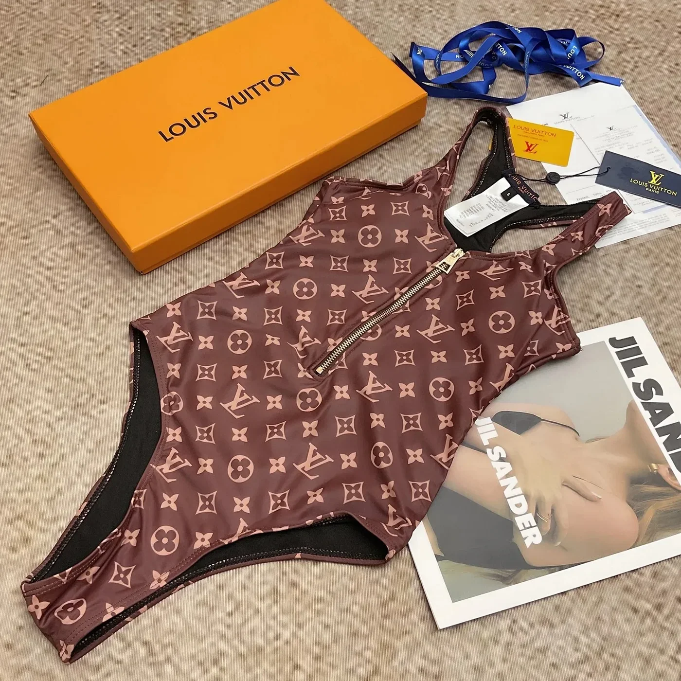Louis Vuitton Front-Zip Racerback One in Piece Swimsuit Brown Monogram Louis Vuitton Front-Zip Racerback One in Piece Swimsuit Brown Monogram