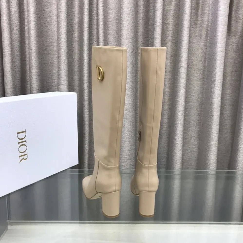 Dior Logo Knee-High Boot In Light Beige Calfskin with Gold for Women in Tone Accents Dior Logo Knee-High Boot In Light Beige Calfskin with Gold for Women in Tone Accents