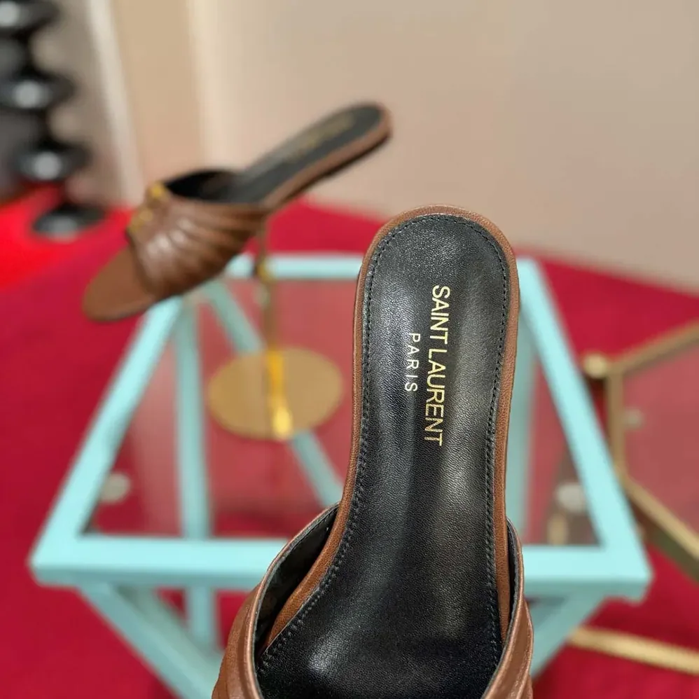 Saint Laurent YSL Babylone Slides In Smooth Leather Brown for Women Saint Laurent YSL Babylone Slides In Smooth Leather Brown for Women