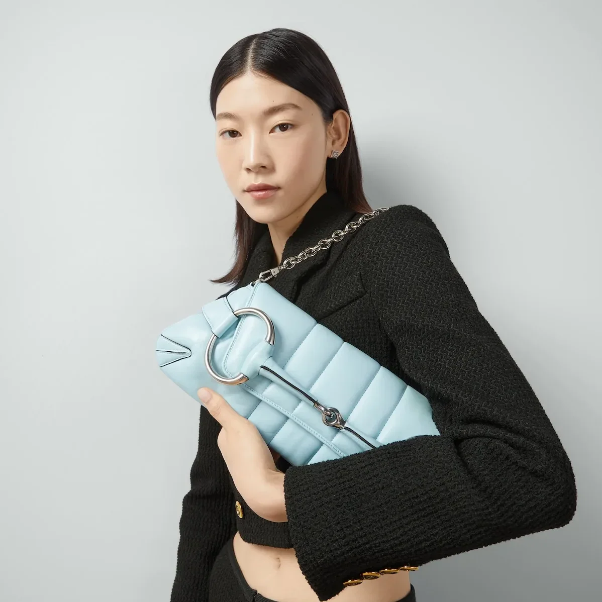 Gucci Horsebit Chain Medium Shoulder Bag Light Blue 15 Inches/ Gucci Horsebit Chain Medium Shoulder Bag Light Blue 15 Inches/