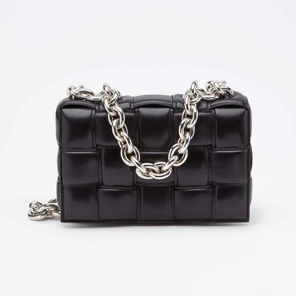 Bottega Veneta Chain Cassette Padded Intrecciato Leather Crossbody Bag for Women in Black Bottega Veneta Chain Cassette Padded Intrecciato Leather Crossbody Bag for Women in Black