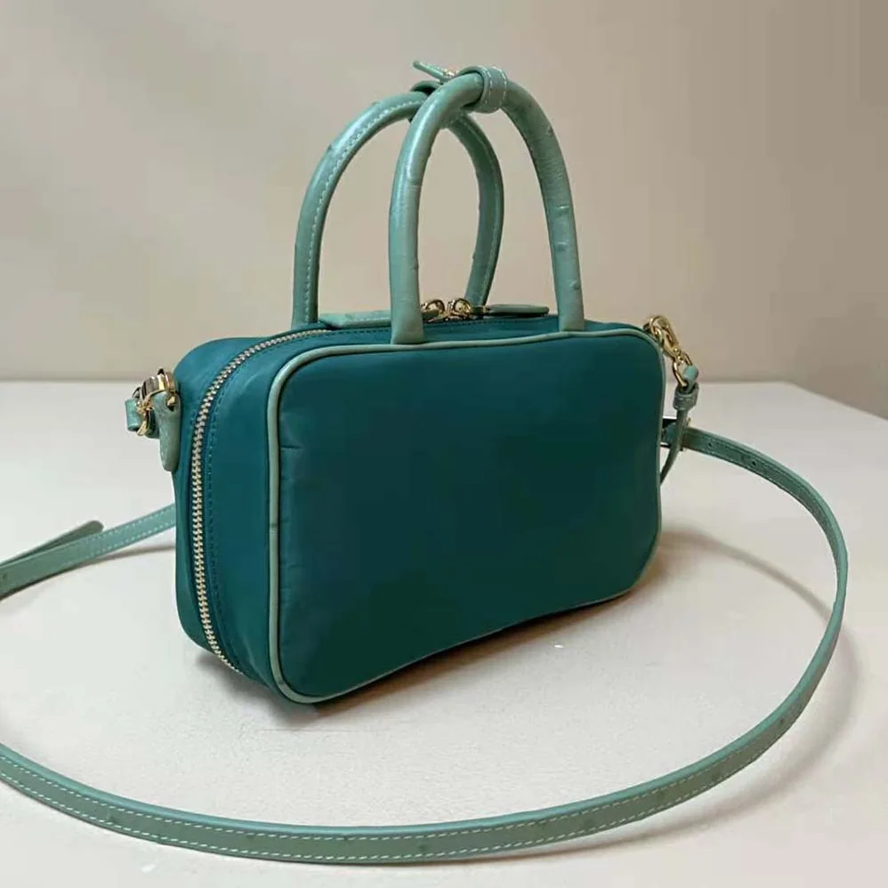 Prada Re-Nylon and Ostrich Leather Two-handle Bag for Women in Green Prada Re-Nylon and Ostrich Leather Two-handle Bag for Women in Green