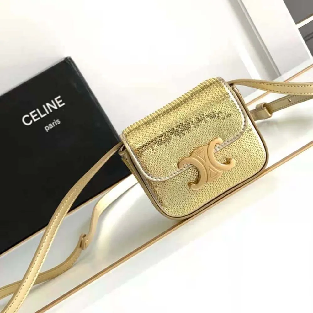 Celine Mini Triomphe in Sequins and Calfskin for Women in Gold Celine Mini Triomphe in Sequins and Calfskin for Women in Gold