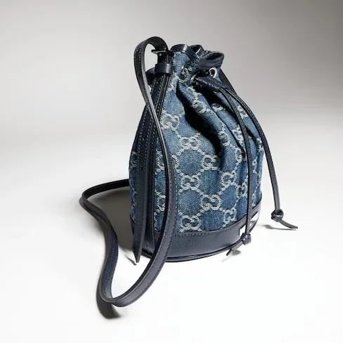 Gucci Bucket With Gucci Plaque Mini Shoulder Bag / Dark Blue Denim Palladium Hardware Gucci Bucket With Gucci Plaque Mini Shoulder Bag / Dark Blue Denim Palladium Hardware