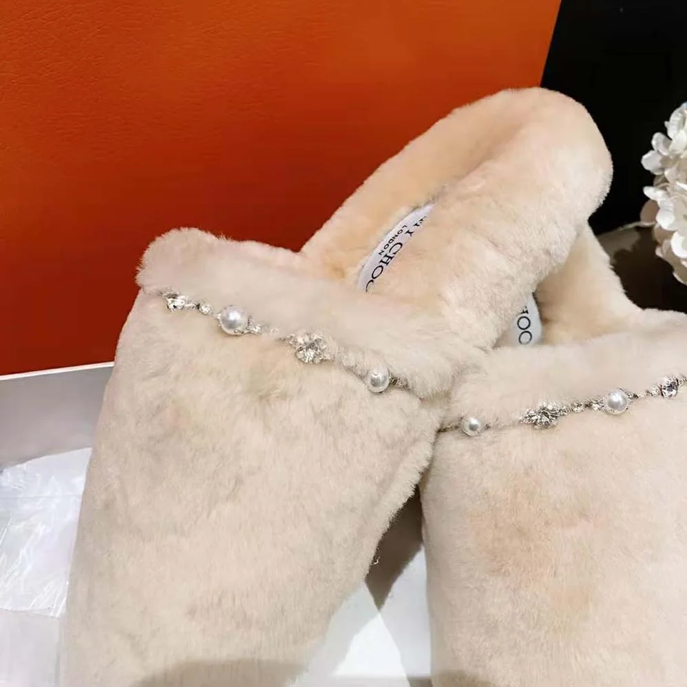 Jimmy Choo Aliette Flat Natural Shearling Slippers for Women in Beige