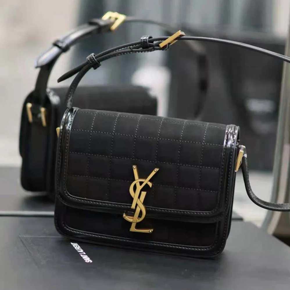 Saint Laurent YSL Solferino Small Satchel in Quilted Nubuck Suede for Women in Black