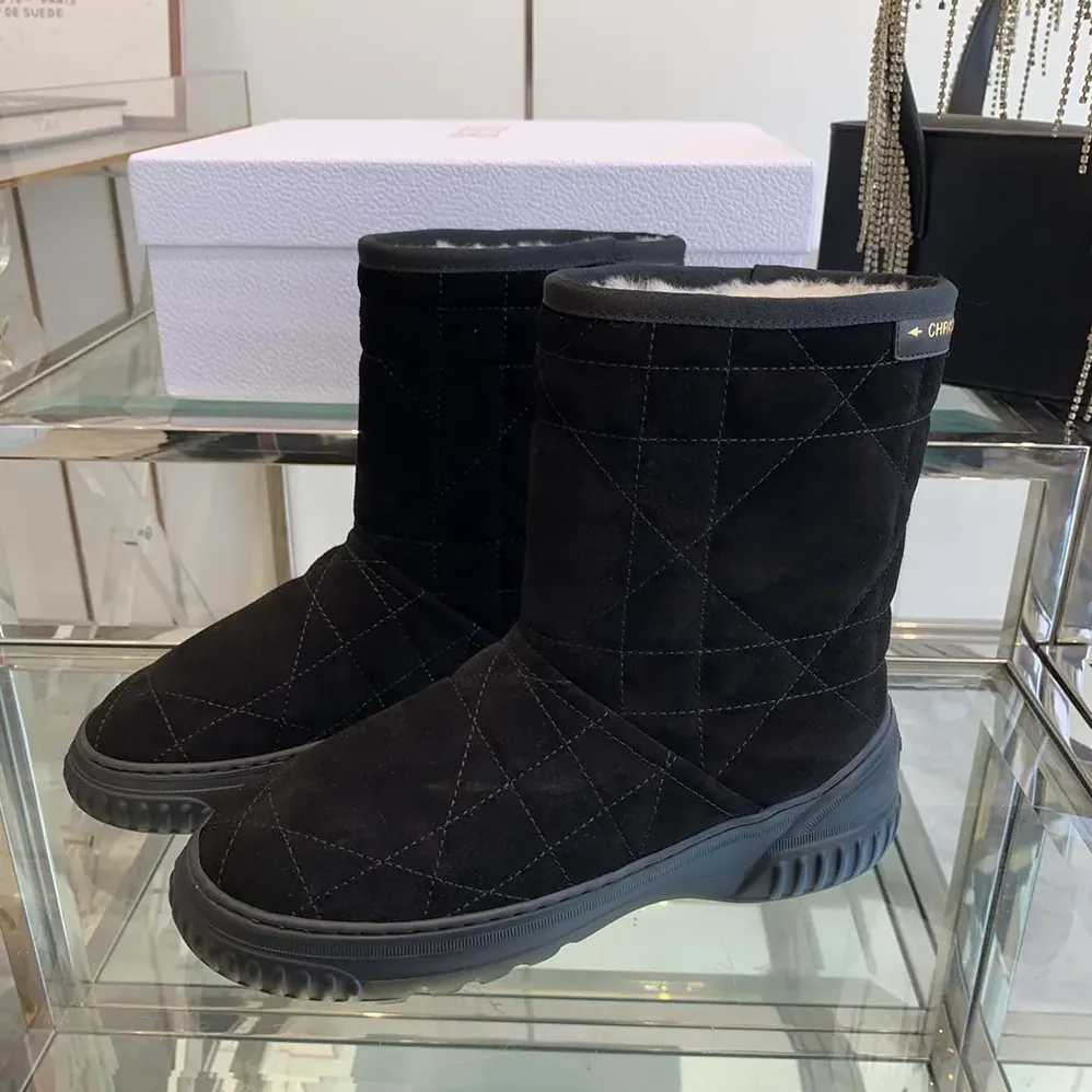 Dior Frost Ankle Boot Black Cannage Suede and Ecru Lambskin Shearling for Women Dior Frost Ankle Boot Black Cannage Suede and Ecru Lambskin Shearling for Women