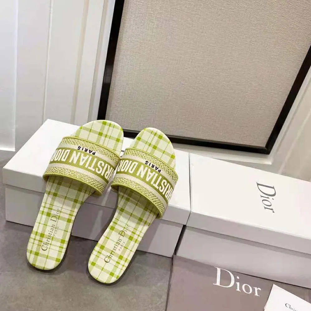 Dior Dway Slide Lime Check n Dior Embroidered Cotton for Women