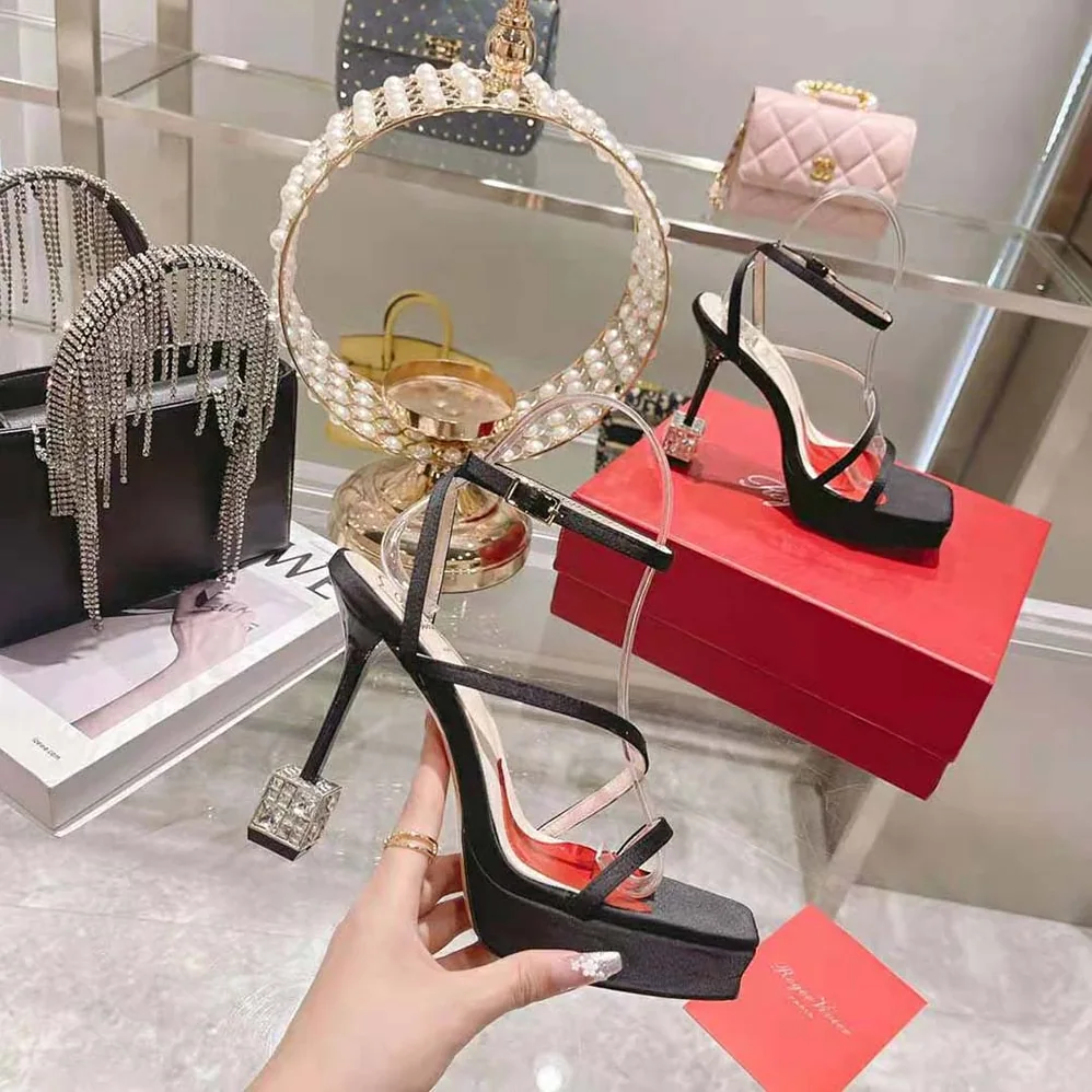 Roger Vivier Cube Strass Heel Sandals in Satin for Women in Black Roger Vivier Cube Strass Heel Sandals in Satin for Women in Black