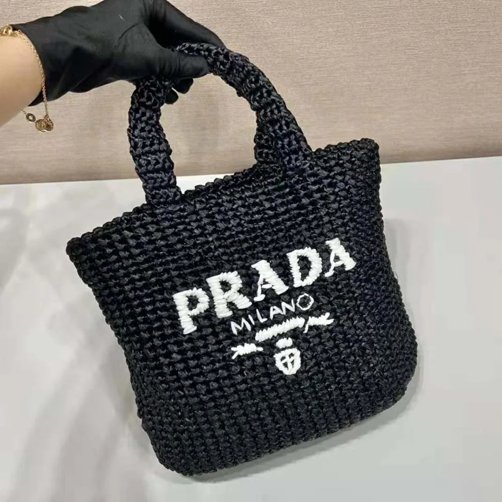 Prada Small Raffia Tote Bag for Women in Black Prada Small Raffia Tote Bag for Women in Black