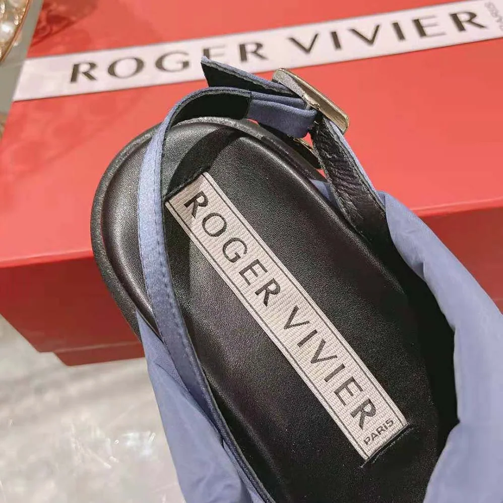 Roger Vivier Viv Winter Puffy Strass Buckle Sandals in Satin for Women in Navy Roger Vivier Viv Winter Puffy Strass Buckle Sandals in Satin for Women in Navy