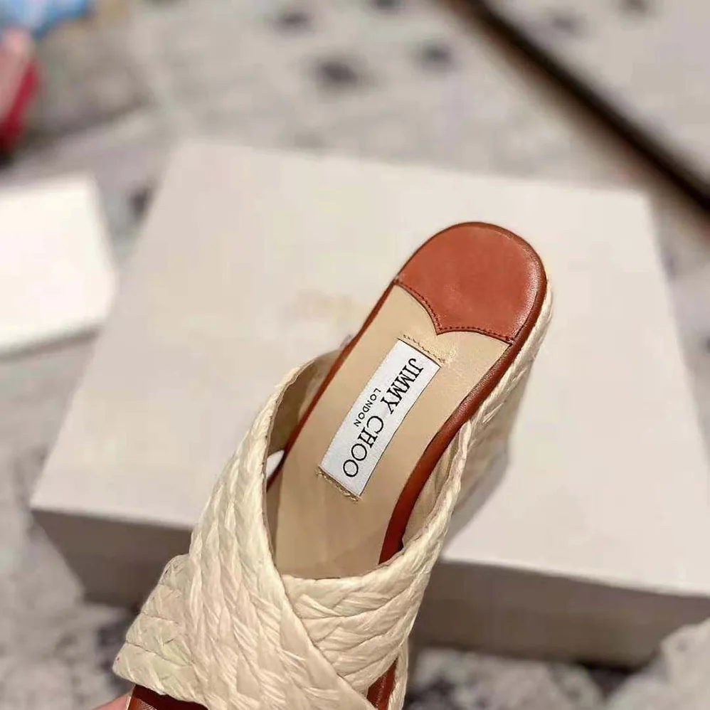 Jimmy Choo Dovina 100 Natural Raffia Wedge Mules with JC Monogram for Women