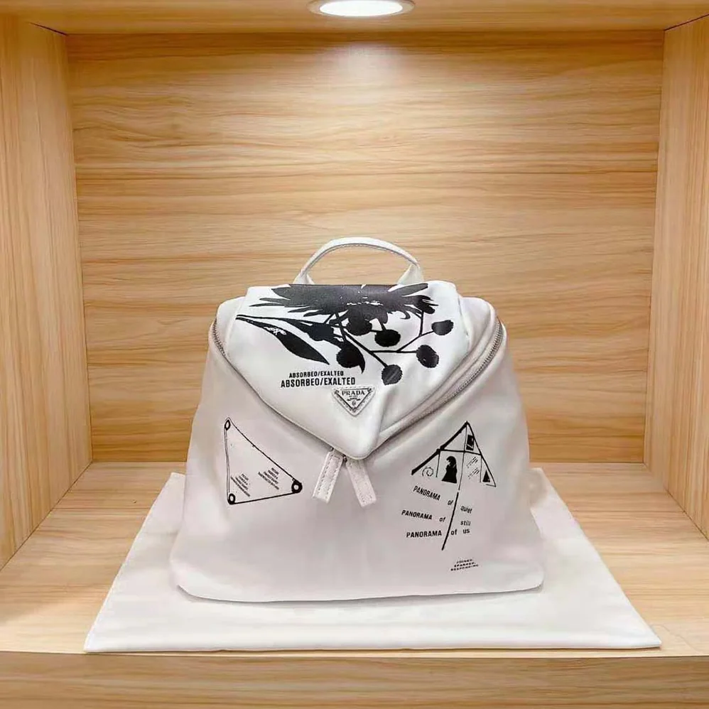 Prada Signaux Printed Nylon Backpack for Women in White Prada Signaux Printed Nylon Backpack for Women in White