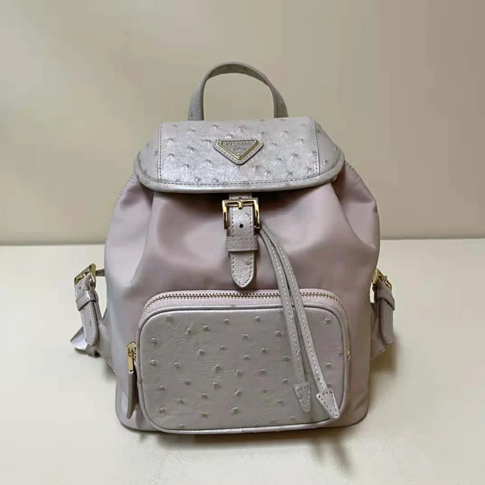 Prada Re-Nylon and Ostrich Leather Backpack for Women in Pink Prada Re-Nylon and Ostrich Leather Backpack for Women in Pink