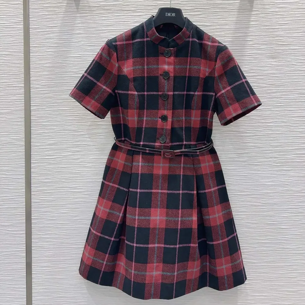 Dior Short Belted Dress Pink Gray and White Check'n'Dior Virgin Wool for Women Dior Short Belted Dress Pink Gray and White Check'n'Dior Virgin Wool for Women