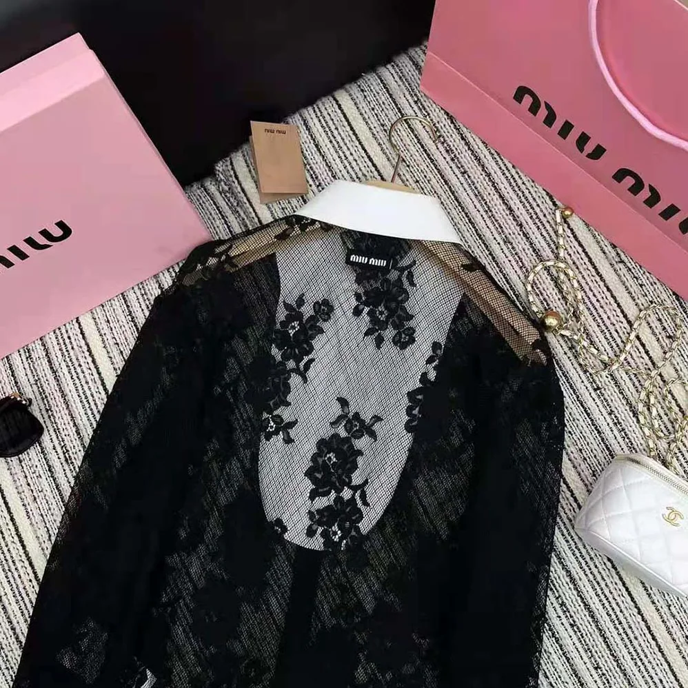 Miu Miu Lace Shirt with Knit Logo Label for Women in Black Miu Miu Lace Shirt with Knit Logo Label for Women in Black
