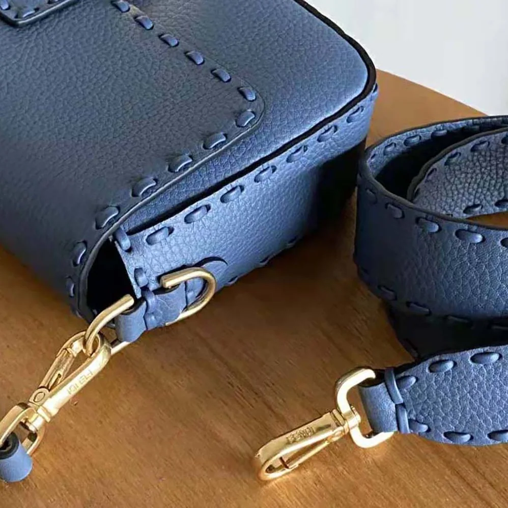 Fendi Baguette Blue Selleria Bag with Oversized Topstitching for Women