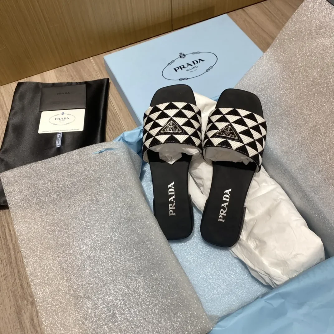 Prada Embroidered Fabric Slides Black in White / PRD