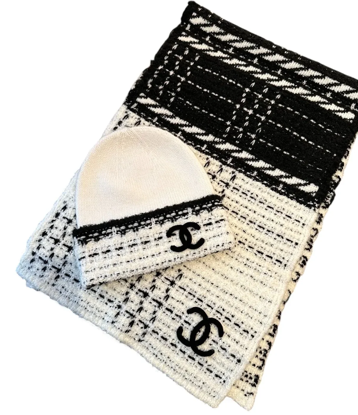 Chanel Scarf And Beanie Set In Black in White Chanel Scarf And Beanie Set In Black in White