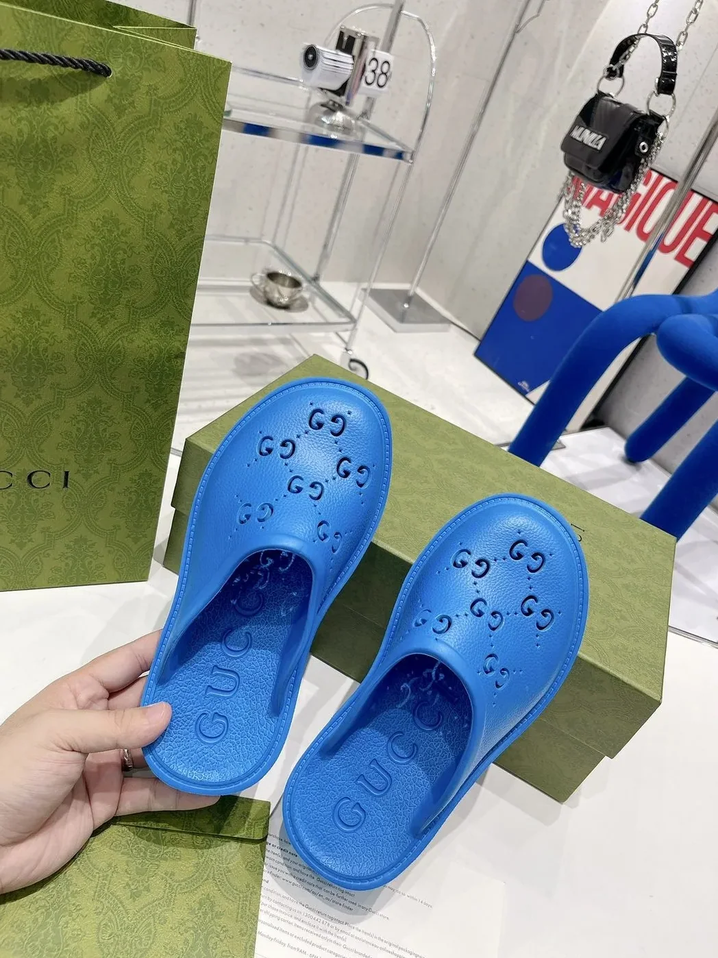 Gucci Platform Perforated G Sandal Light Blue for Women Gucci Platform Perforated G Sandal Light Blue for Women