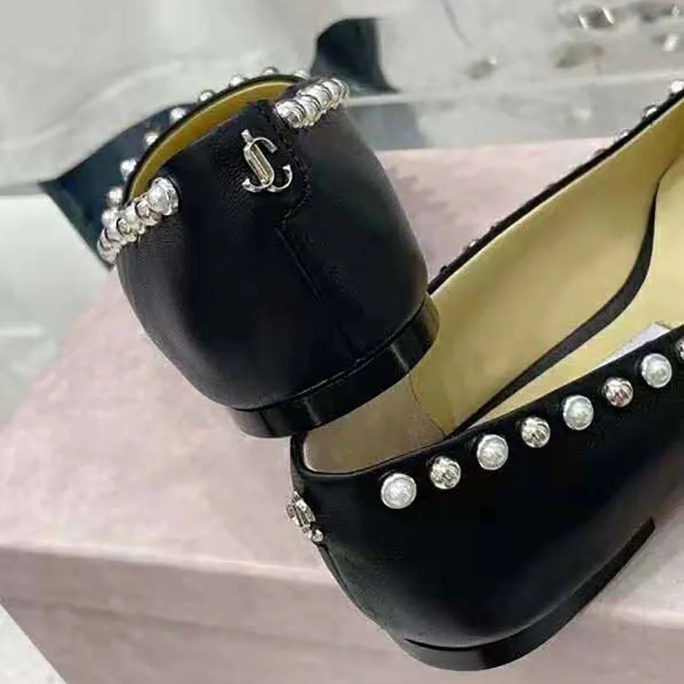 Jimmy Choo Mirele Flat Black Nappa Leather Flats with Pearl Outline for Women Jimmy Choo Mirele Flat Black Nappa Leather Flats with Pearl Outline for Women