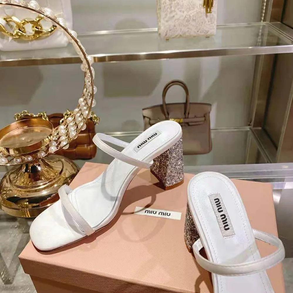 Miu Miu Satin and Glitter Slides in 85 mm Heel Height for Women in White Miu Miu Satin and Glitter Slides in 85 mm Heel Height for Women in White