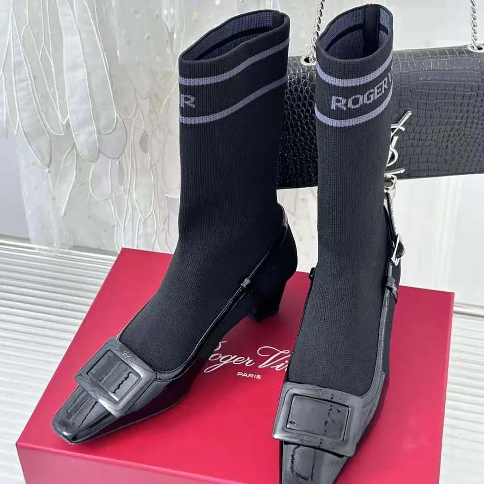 Roger Vivier Belle Vivier Sock Lacquered Buckle Ankle Boots in Patent Leather for Women in Black Roger Vivier Belle Vivier Sock Lacquered Buckle Ankle Boots in Patent Leather for Women in Black