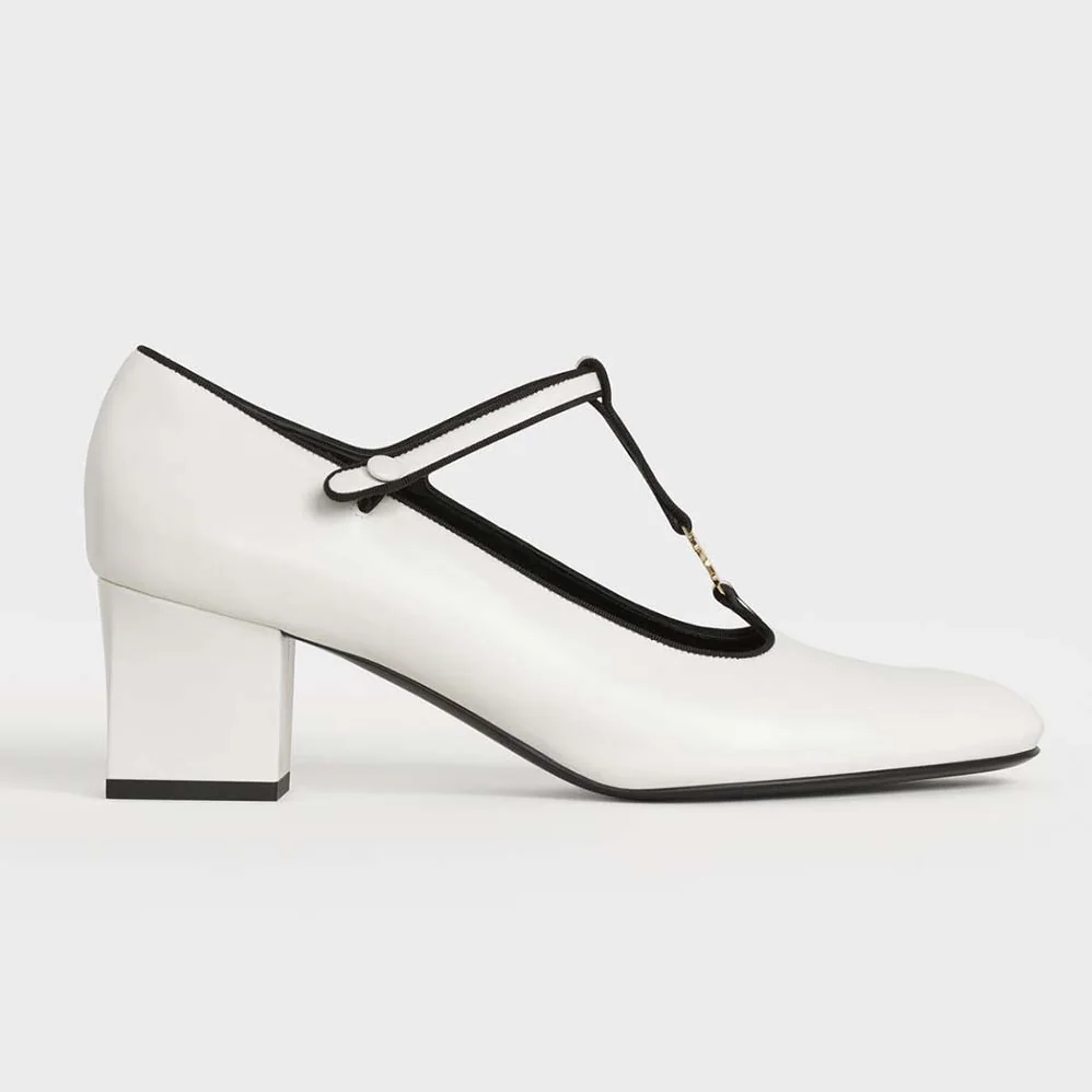 Celine Babies T-Bar Pump in Calfskin and Gros Grain for Women in White Celine Babies T-Bar Pump in Calfskin and Gros Grain for Women in White