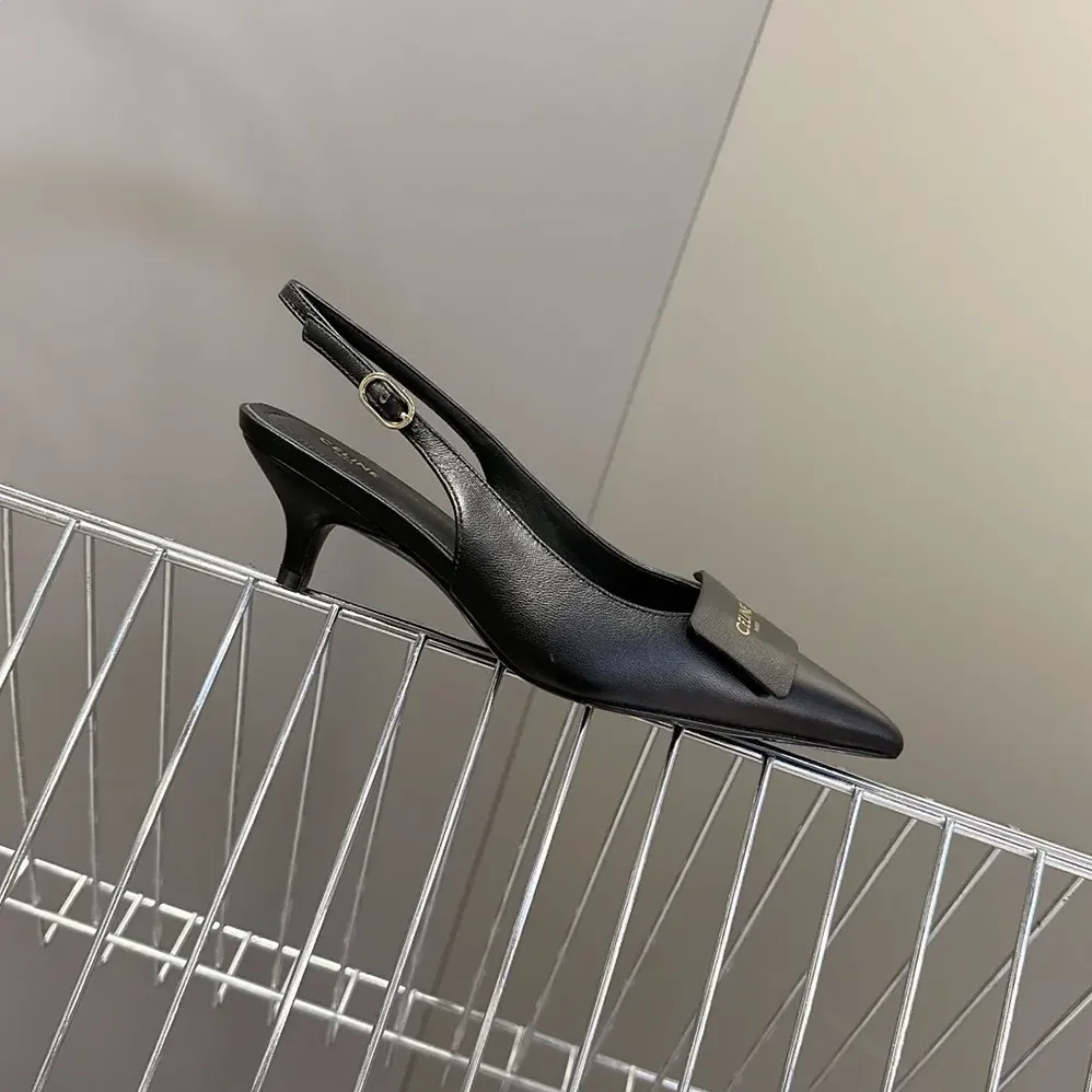 Celine Signature-Slingback With Label In Lambskin for Women in Black Celine Signature-Slingback With Label In Lambskin for Women in Black
