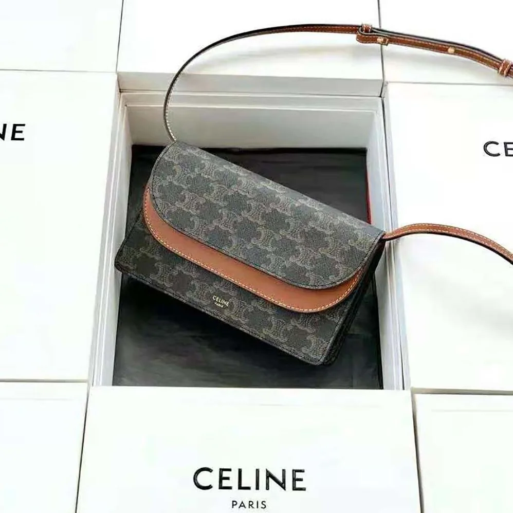 Celine Wallet on Strap in Triomphe Canvas and Smooth Lambskin for Women in Tan