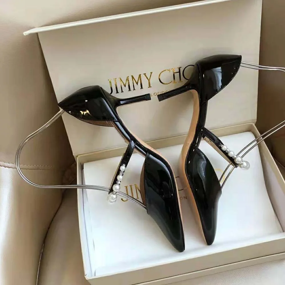 Jimmy Choo Aurelie 85 Black Patent Leather Pointed Pumps with Pearl Embellishment for Women Jimmy Choo Aurelie 85 Black Patent Leather Pointed Pumps with Pearl Embellishment for Women